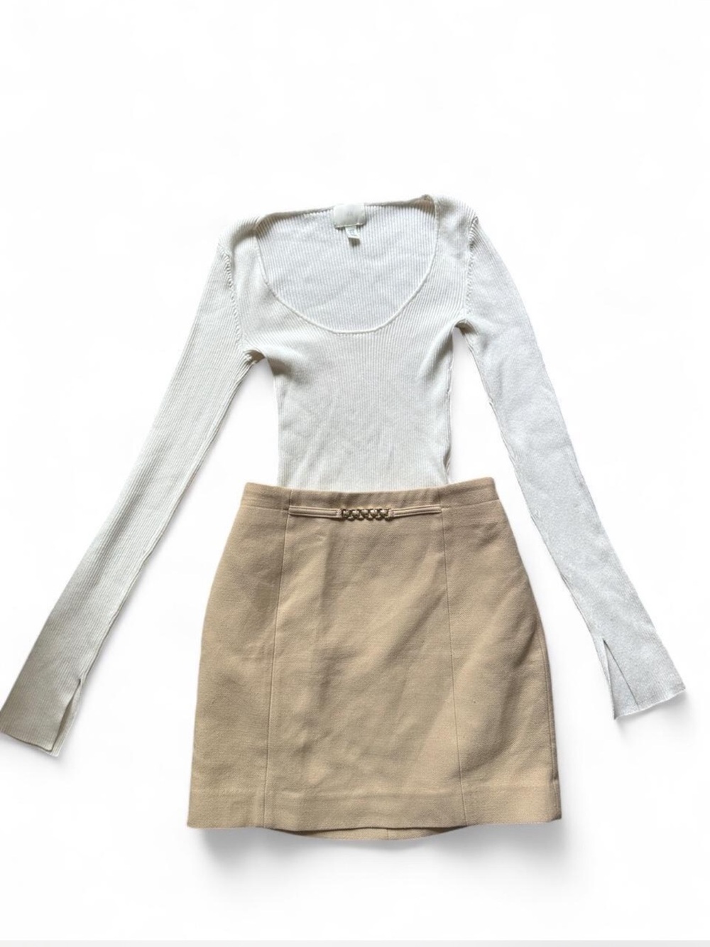 H&M White Ribbed Long Sleeve Top and Beige Mini Skirt Set